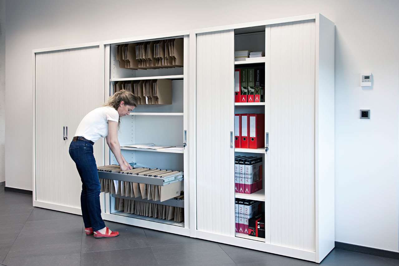Armarios de persiana para archivo, armario archivador con estantes